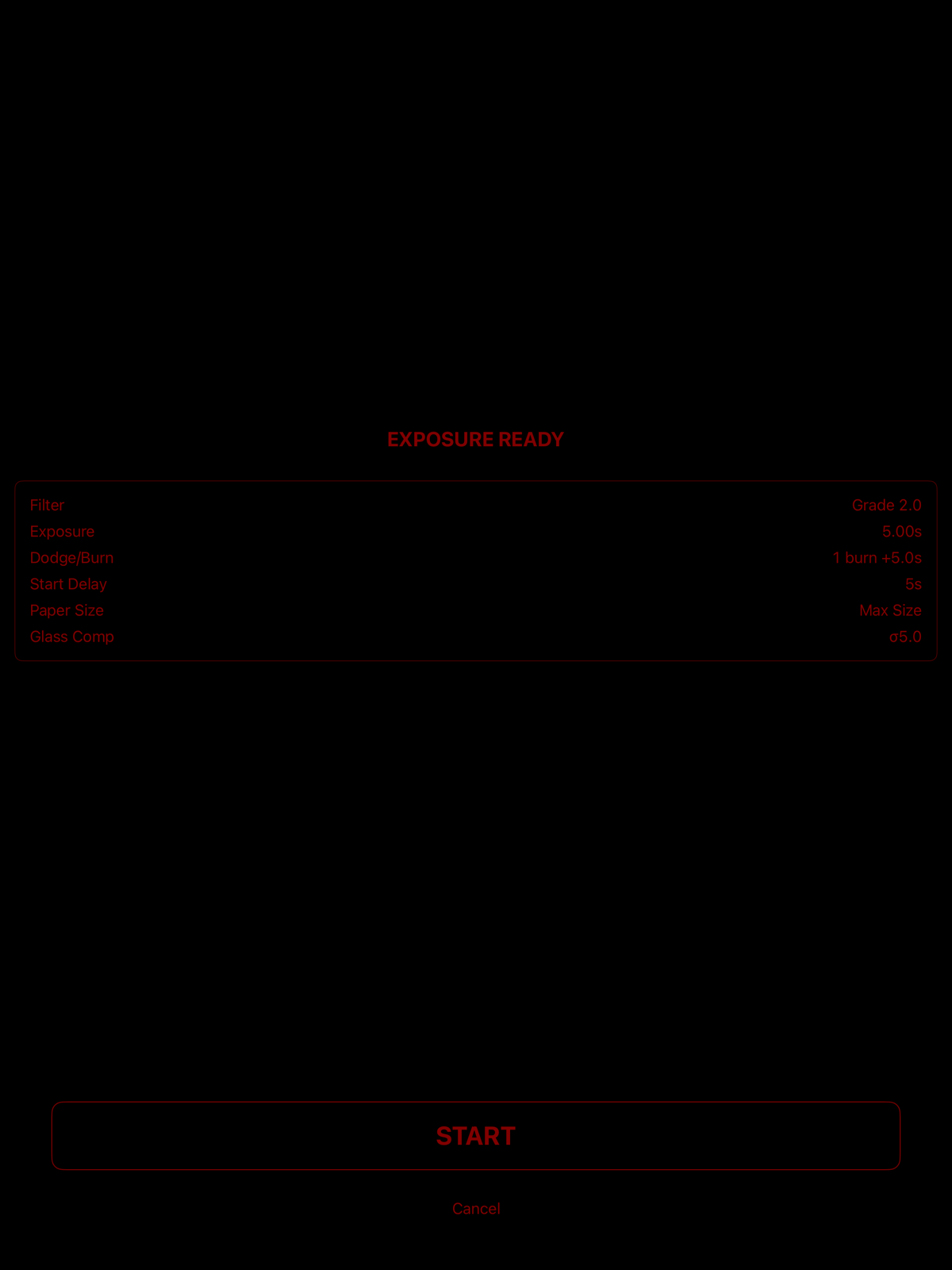 Bromyde Contact filter and timing summary in Darkroom mode on iPad