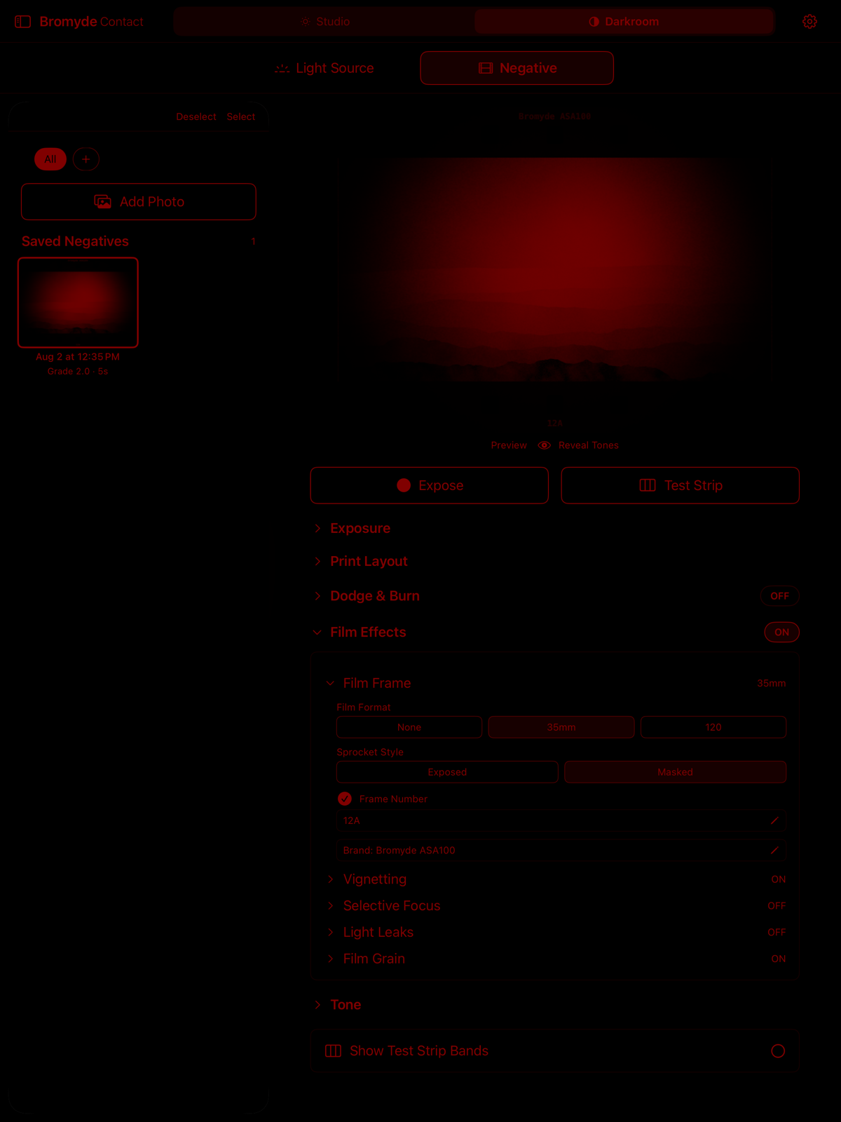 Expanded Film Frame controls in Bromyde Contact Darkroom mode on iPad