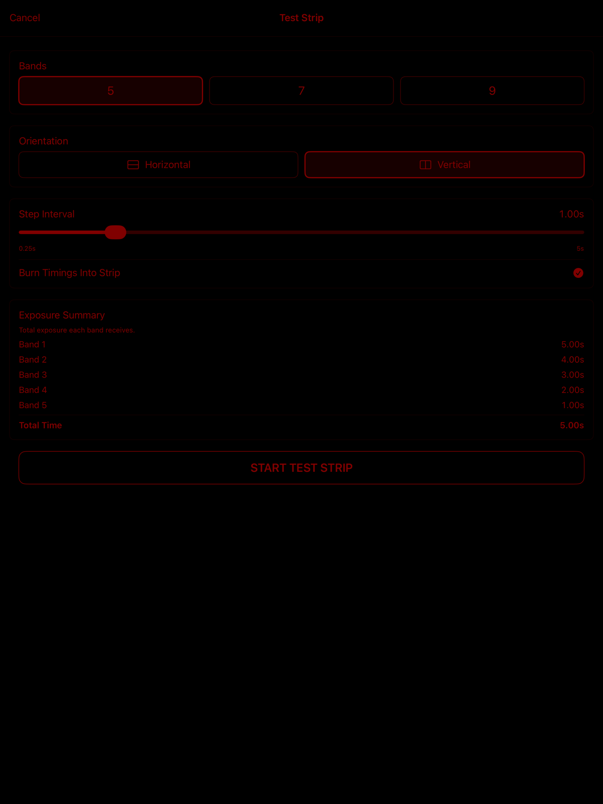 Bromyde Contact test strip setup in Darkroom mode on iPad, showing band count, orientation, step interval, and per-band exposure totals