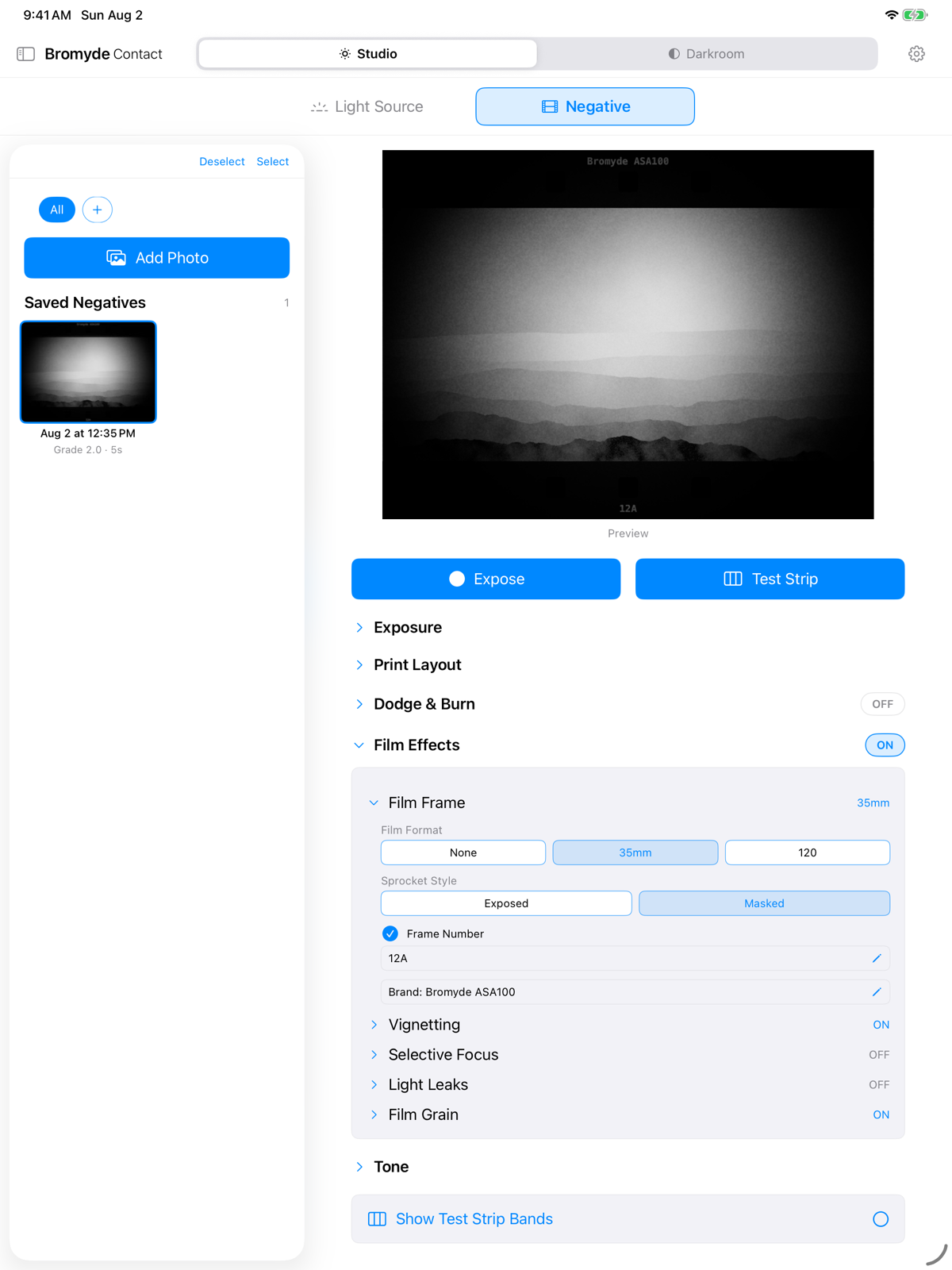 Expanded Film Frame controls in Bromyde Contact Studio mode on iPad