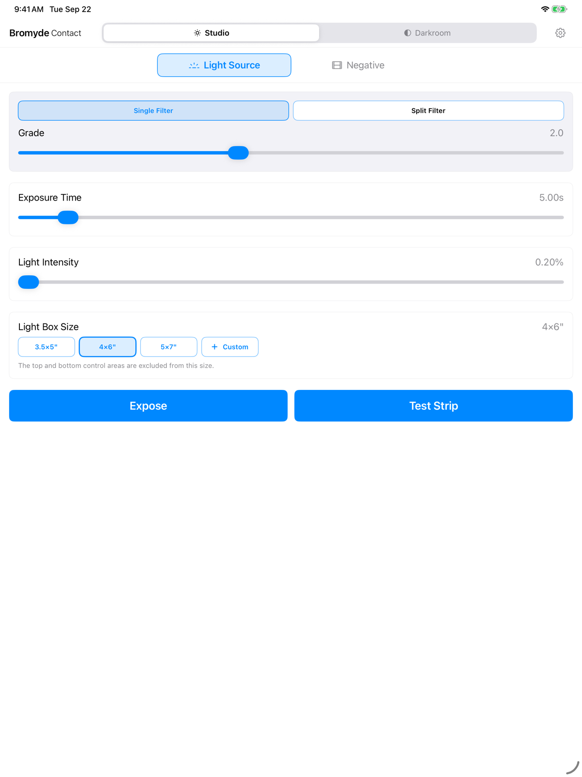 Bromyde Contact Light Source controls in Studio mode on iPad