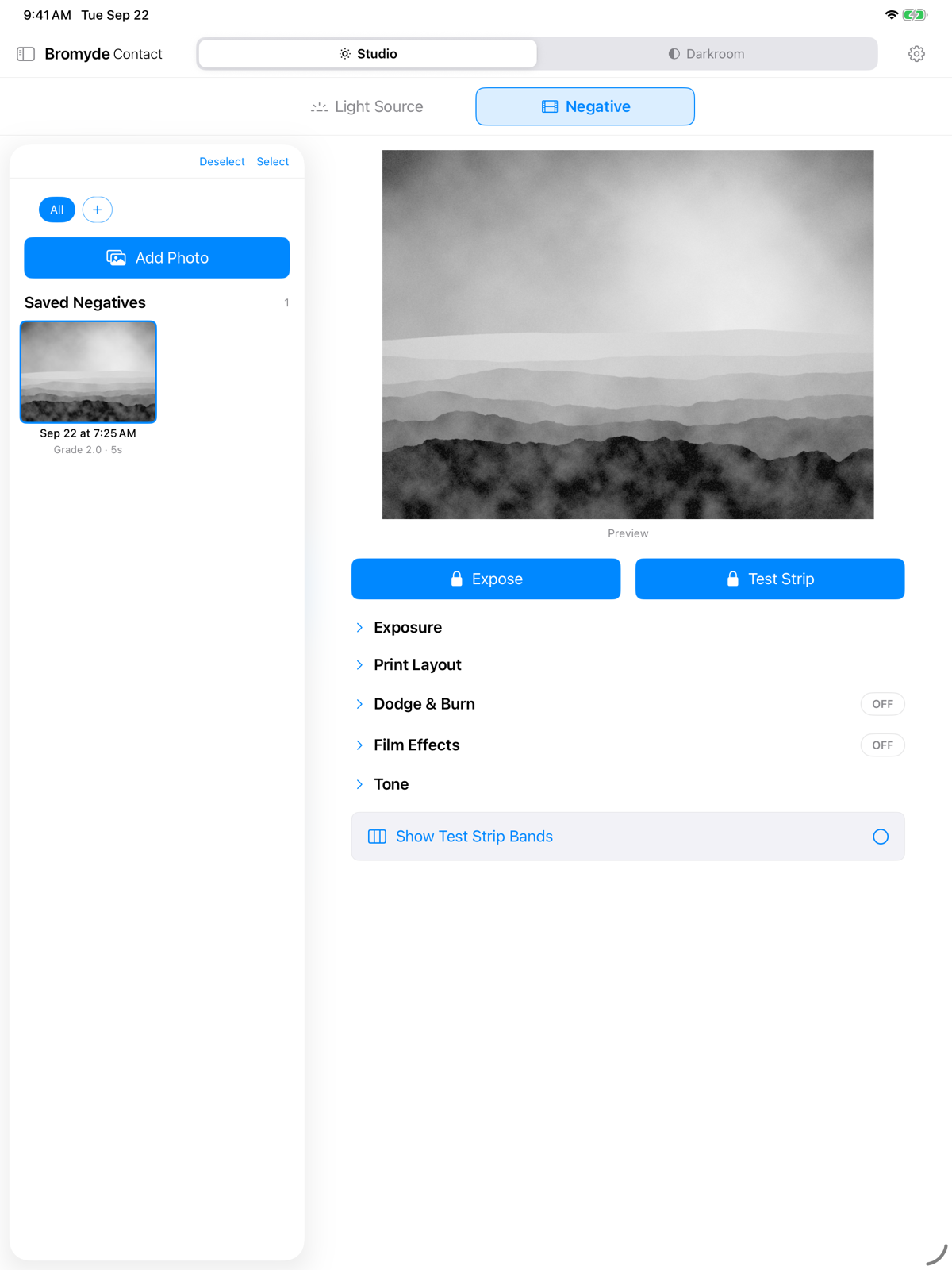 A saved photo prepared as a digital negative in Bromyde Contact Studio mode on iPad