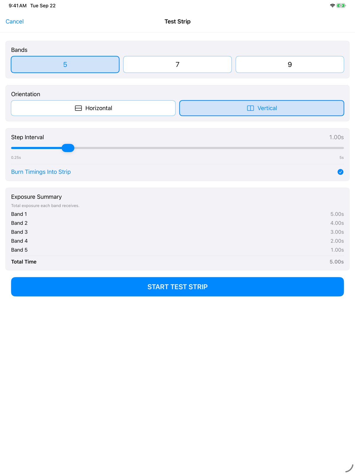 Bromyde Contact test strip setup in Studio mode on iPad, showing band count, orientation, step interval, and per-band exposure totals