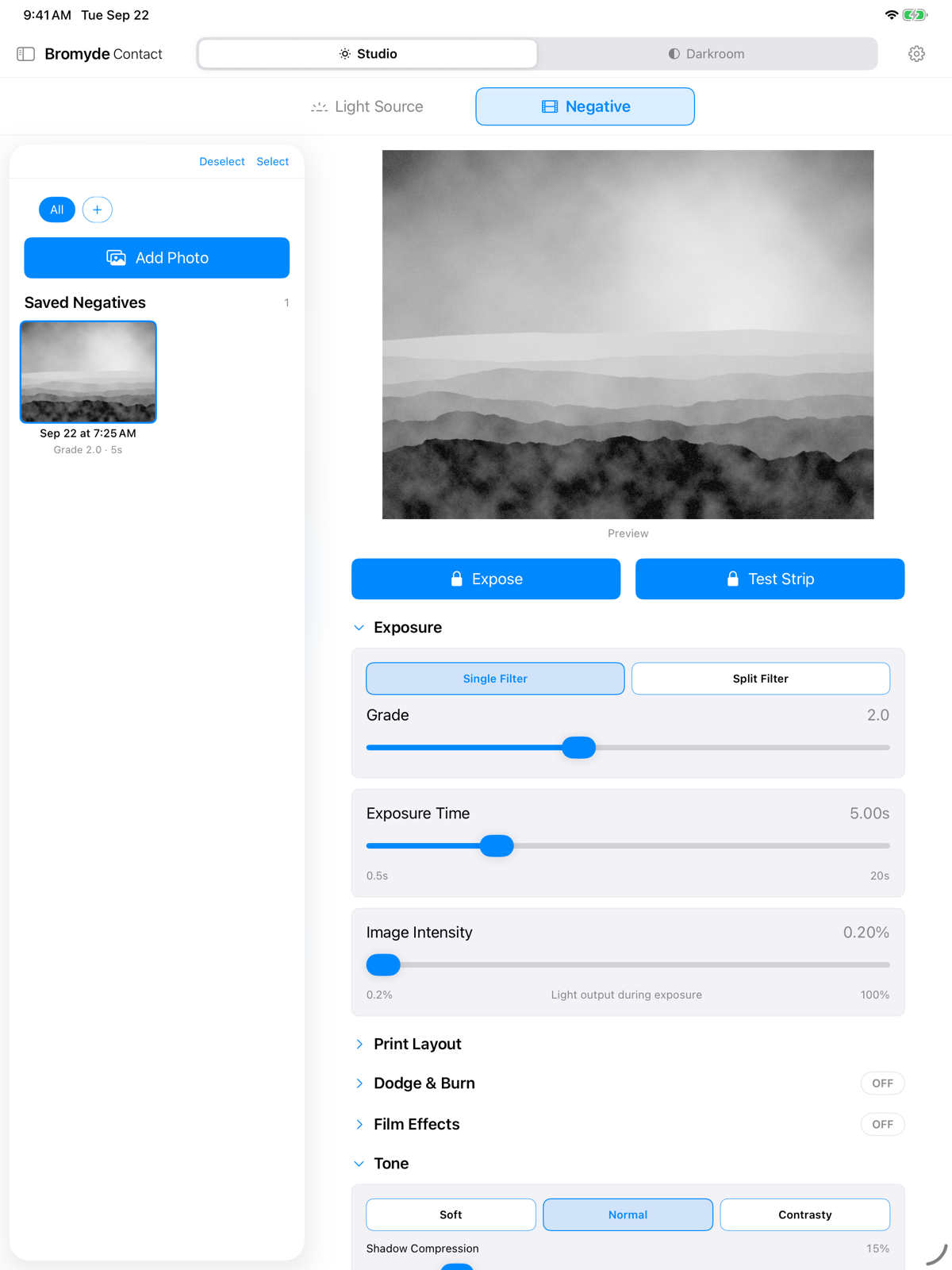 Bromyde Contact tone and contrast controls in Studio mode on iPad