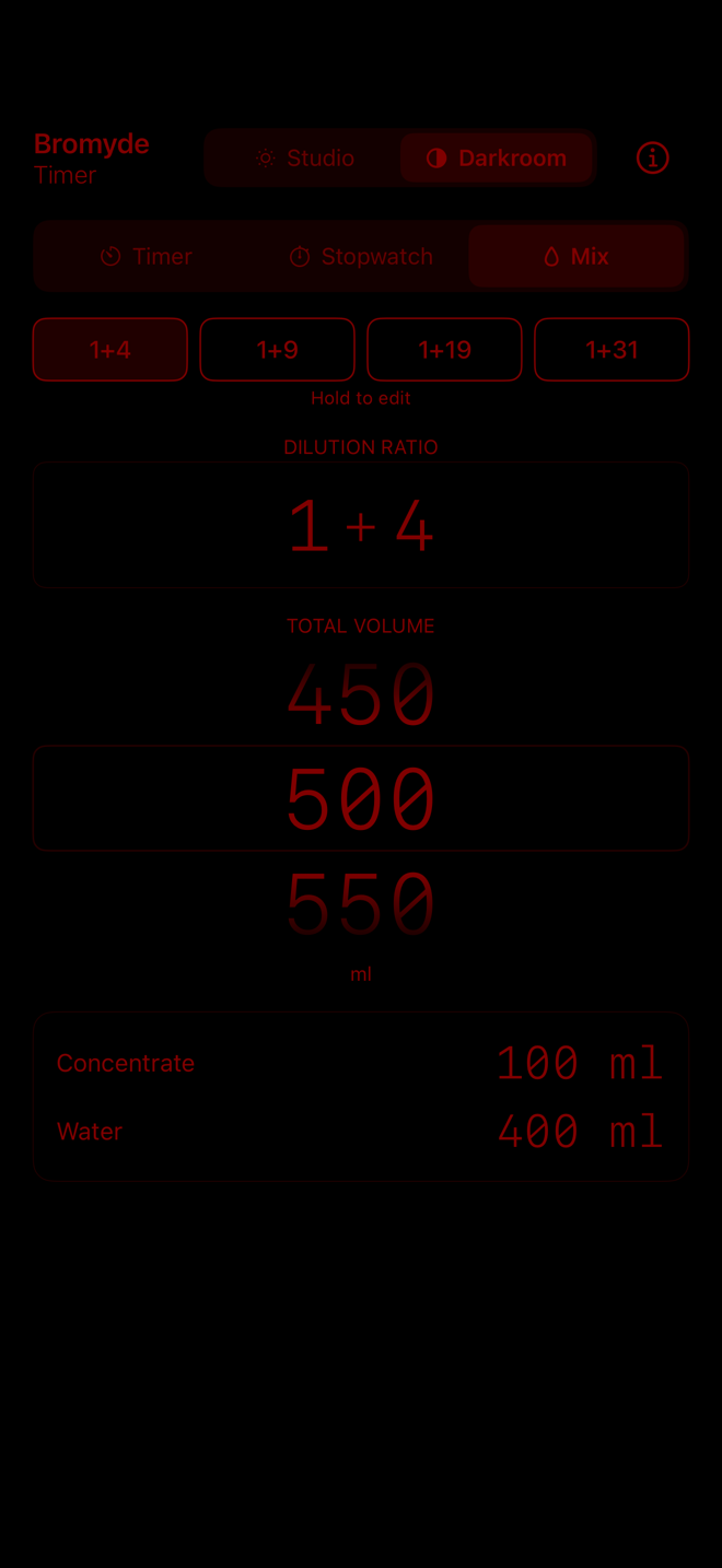 Bromyde Darkroom chemical mix calculator — Darkroom mode