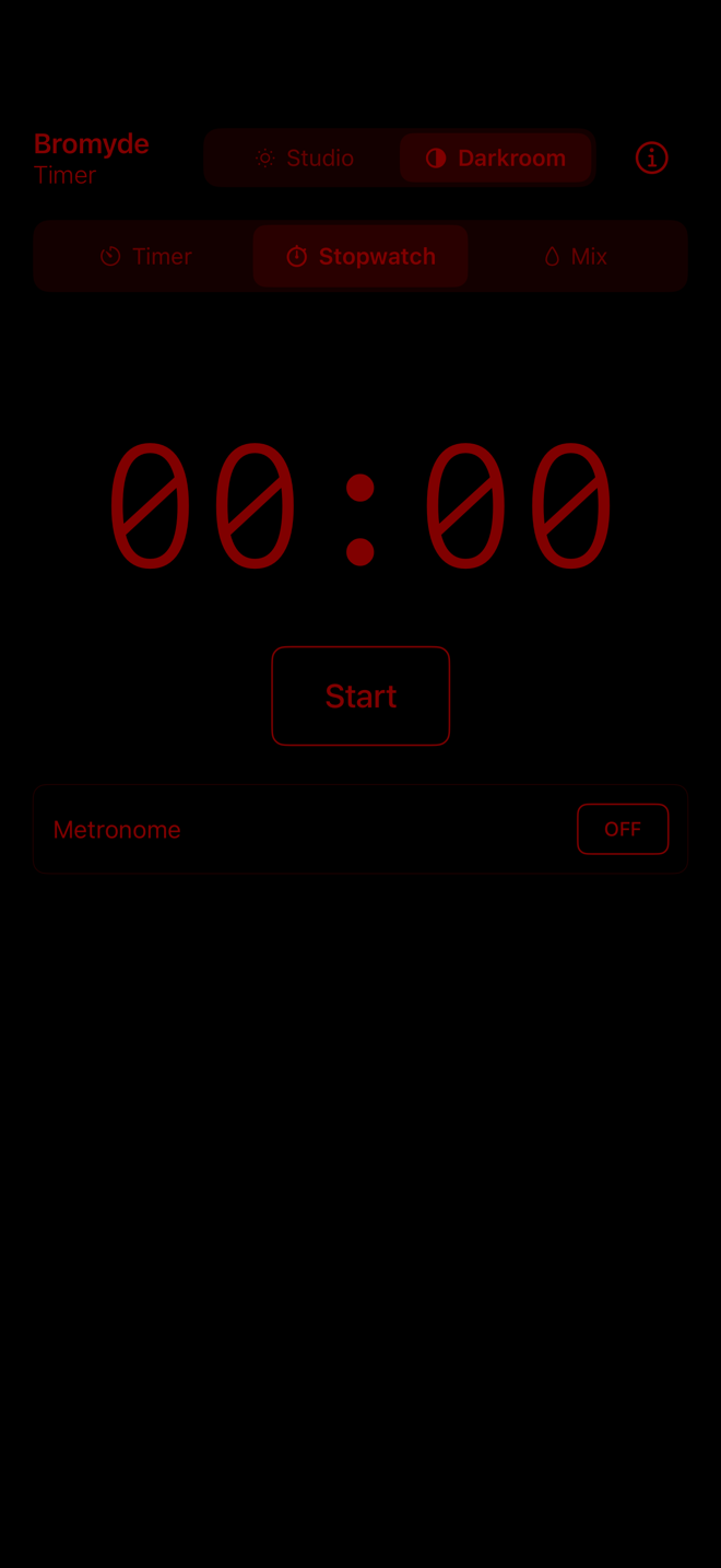 Bromyde Darkroom stopwatch — Darkroom mode