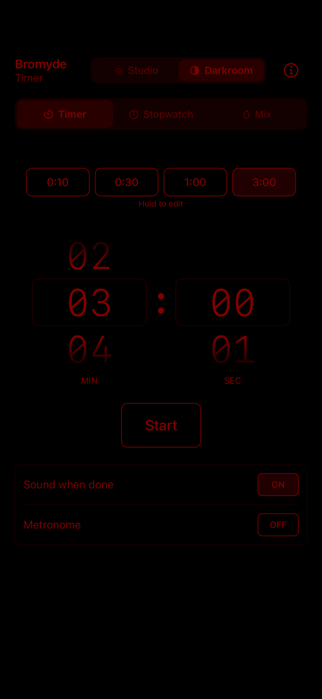 Bromyde Darkroom countdown — Darkroom mode