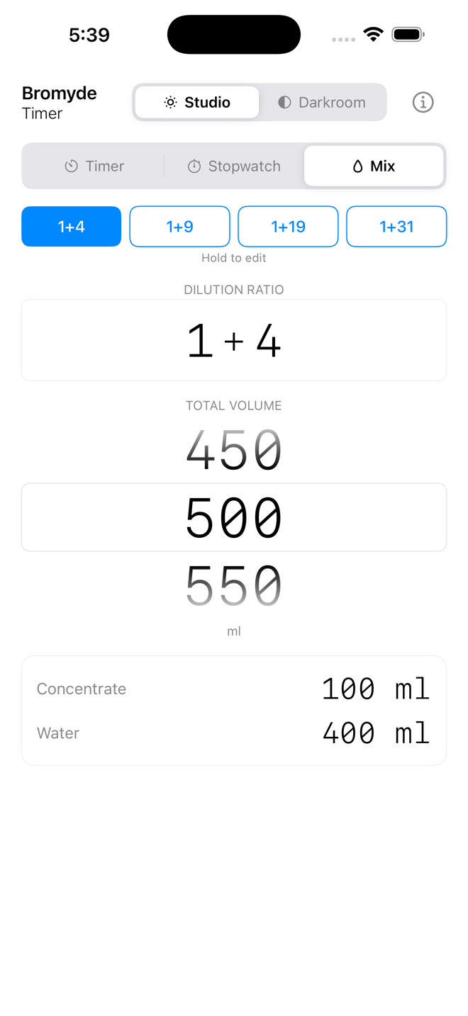 Bromyde Darkroom chemical mix calculator — Studio mode