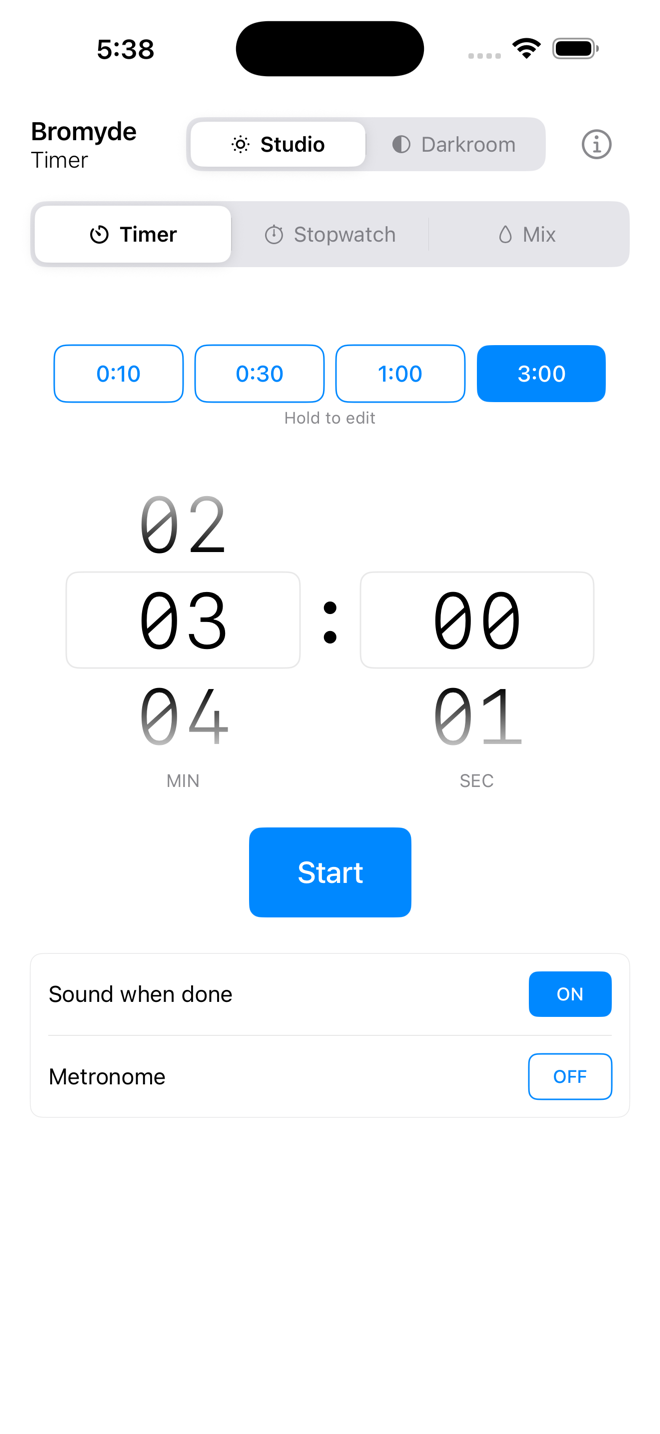 Bromyde Darkroom countdown — Studio mode